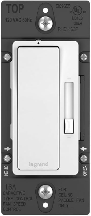 Legrand Radiant 1.6A Preset 3-Speed Decorator Rocker Ceiling Fan Control Switch with Locator Light, Single Pole/3-Way, RHDH163PWCCV6, White, 1 Count