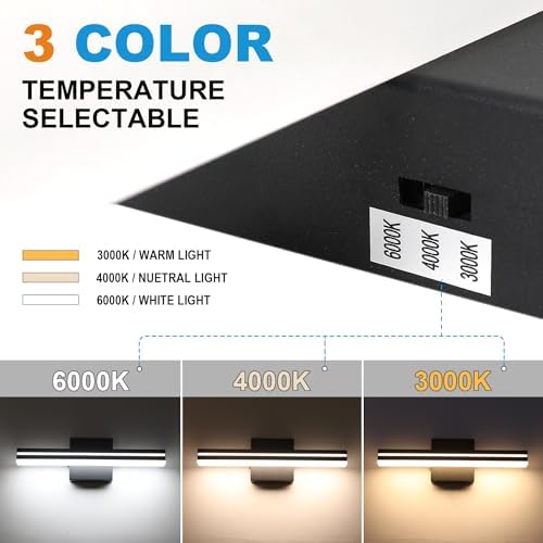 SineRise LED Modern Bathroom Vanity Light Fixtures (16-Inch, 3000K/4000K/6000K, Dimmable), Matte Black Modern Acrylic Bathroom Wall Lighting Fixtures Over Mirror