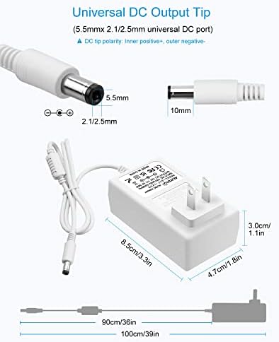 ALITOVE 12V Power Supply White 3A 36W AC Adapter 100-240V 50-60Hz to DC 12 Volt Power Cord 2A 1.5A 1A 5.5mmx2.5mm 2.1mm for LED Strip Light Lamp Digital Picture Frame Monitor Camera Router (Pack of 2)