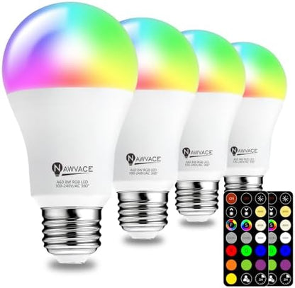 LED Color Changing Light Bulb with Remote Control, 60W Equivalent RGB Bulbs, 8W Dimmable E26 A19 2700K-6000K Warm White Indoor/Outdoor Colored Light Bulbs for Bedroom, Living Room, 4-Pack