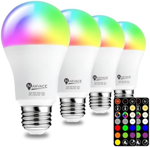 LED Color Changing Light Bulb with Remote Control, 60W Equivalent RGB Bulbs, 8W Dimmable E26 A19 2700K-6000K Warm White Indoor/Outdoor Colored Light Bulbs for Bedroom, Living Room, 4-Pack
