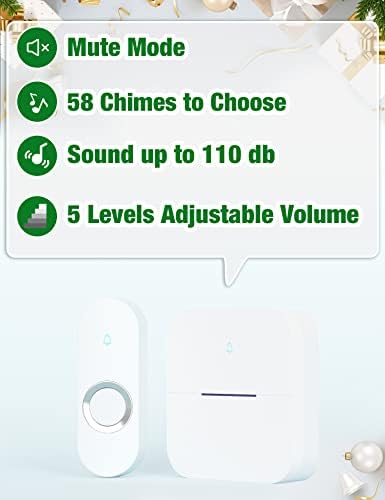 AIDA Lighted Wireless Doorbell for Home, Waterproof Battery Doorbell Wireless 1,000ft Range, 5 Volume Levels with 58 Chimes & LED Flash on Receiver (White, 1 Button & 1 Receiver)