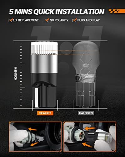 SEALIGHT 194 LED Light Bulbs 6000K White, W5W 168 2825 T10 Car Interior Light Bulb Replacement for License Plate Light, Dome Light, Map Light, Courtesy Light, Pack of 6