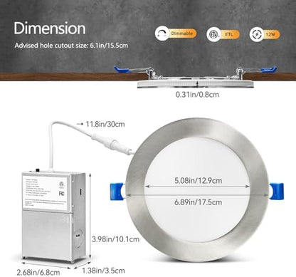 CycevSun Brushed Nickel Recessed Lighting 6 Inch with Night Light, 12 Pack