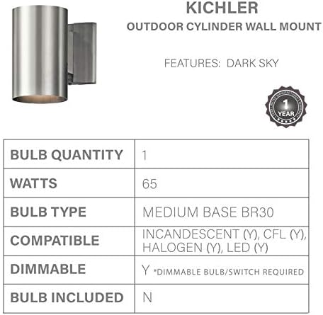 Kichler 9234BA Outdoor Cylinder Wall Mount Sconce DownLight, Brushed Aluminum 1-Light (5" W x 7" H) 65 Watts