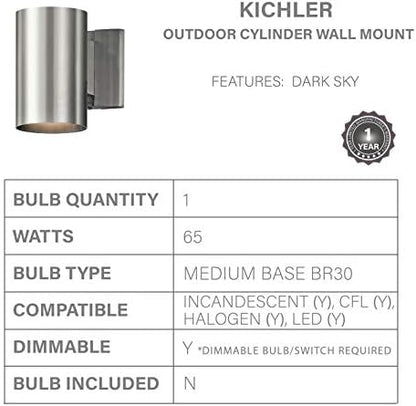 Kichler 9234BA Outdoor Cylinder Wall Mount Sconce DownLight, Brushed Aluminum 1-Light (5" W x 7" H) 65 Watts