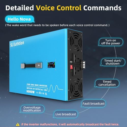 5000W Pure Sine Wave Power Inverter Voice Control AI Voice Assistant Support English 24V to 120V 60HZ with LCD Display, USB Port, for Car Home Laptop Truck