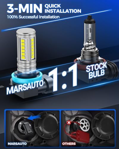 Marsauto H11/H8 LED Fog Light Bulb, 12,000 LM 600% Brightness H8 H16 Fog Light Bulbs, 360° Illumination Upgraded 60 Pcs Chips, 6500K White 1:1 Mini Size H11 Led Fog Lights Pack of 2