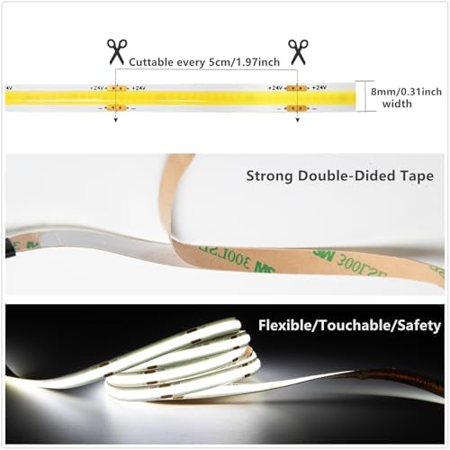 GIDEALED 32.8ft 24V COB LED Strip Light 4000K,Daylight White LED Strip COB,High Density Uniform Flexible FCOB LED Light Strip Under Cabinet Lighting,Don't Include Power Supply and LED Controller