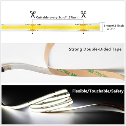 GIDEALED 32.8ft 24V COB LED Strip Light 4000K,Daylight White LED Strip COB,High Density Uniform Flexible FCOB LED Light Strip Under Cabinet Lighting,Don't Include Power Supply and LED Controller