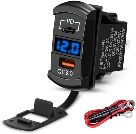 Linkstyle Car Rocker Switch Outlet, 36W QC3.0 USB-A Port & 55W PD Port Charger Socket with LED Voltmeter for 12V/24V RV Boat Motorcycle