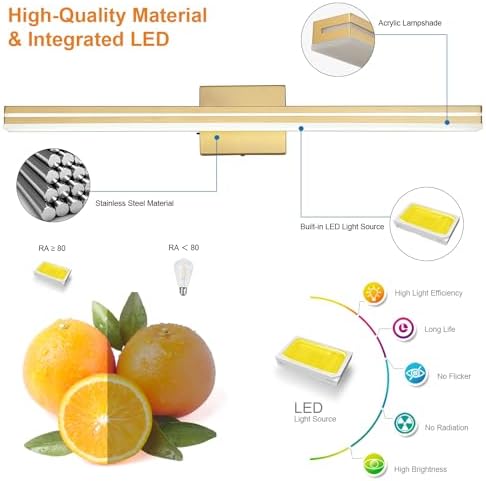 SineRise LED Modern Bathroom Vanity Light Fixtures (32-Inch, 3000K/4000K/6000K, Dimmable), Gold Modern Acrylic Bathroom Wall Lighting Fixtures Over Mirror