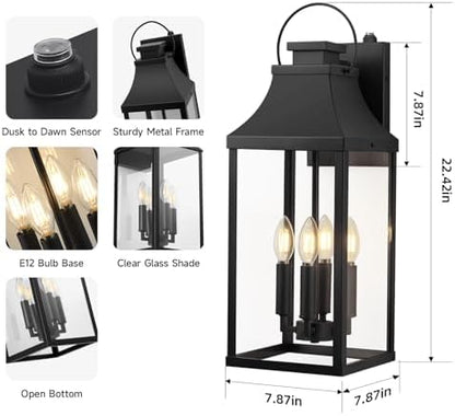Dusk to Dawn Outdoor Wall Lantern, 22'' Large Exterior Porch Sconce Lights