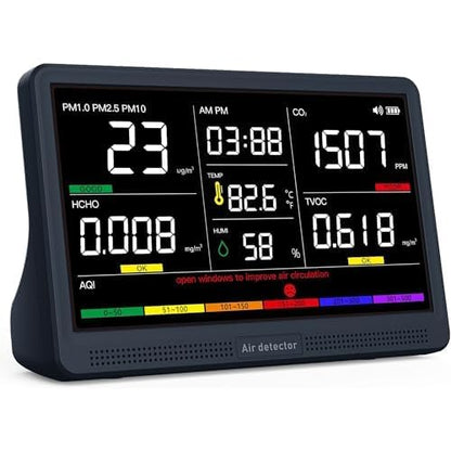 Professional Indoor Air Quality Monitor with 7X AQI Beep Alarms,16 in 1 Portable Real-Time Detector for PM2.5 | PM10 | CO2 | TVOC | HCHO | Temp | Hum for Home Cars Plants Pets (Dark Black)