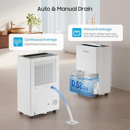 Glowells 4500 Sq.Ft Energy Star Dehumidifier for Basement with Drain Hose, 52 Pints Dehumidifiers for Home, Large Room, RV, Three Modes, Intelligent Humidistat, Quiet Smart Compressor, Auto Defrost