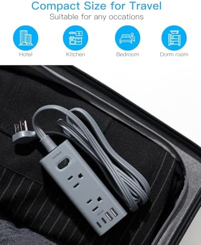 5Ft Extension Cord with Multiple Outlets, Flat Plug Power Strip Surge Protector with 5 Ft Long Cord, 6 Outlet 4 USB Ports (2 USB C), Multi Outlet Wall Plug for College, Dorm Room Essentials(Grey)