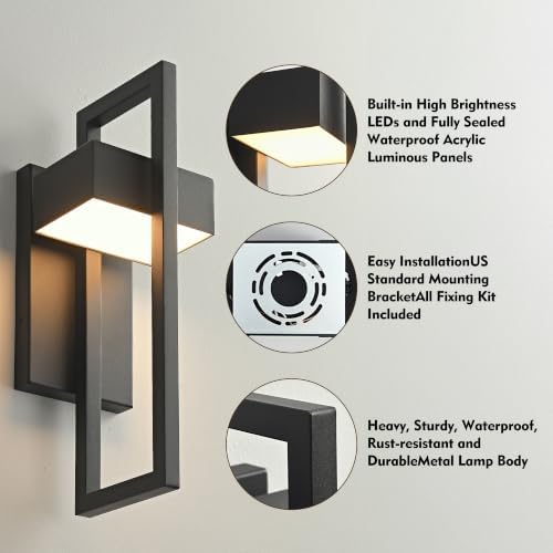Dusk to Dawn Modern Large Outdoor Wall Lights Integrated LED Outdoor Wall Sconces Lighting, Exterior Lighting Fixtures Outside Wall Mount Lights for House Porch Front Door Garage, Matte Black 1Pack