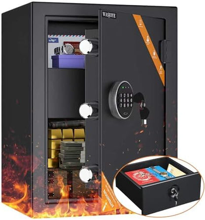 WASJOYE Fireproof Cabinet Safe Box - 2.5 Cubic Feet Home Security Safes with Fireproof Lock Drawer, Smart Cabinet Safe Box Safety Key Lock Type-C Port Alarm System for Home Office Hotel Storage