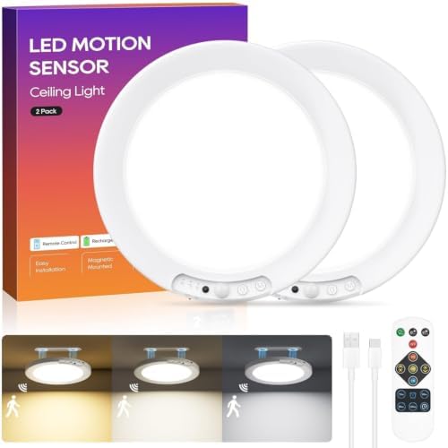 2 Pack Rechargeable Motion Sensor Ceiling Light, 8000mAh Battery Operated Ceiling Lights with Remote, Magnetic Wireless Closet Light, 3 Color Dimmable LED Lights for Closet Shower Pantry Hallway