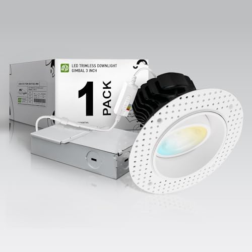 ASD 4 Inch Trimless Gimbal LED Recessed Ceiling Light Fixture, Adjustable Directional Downlight with Junction Box, 5CCT 2700K-5000K, 17W 1623 Lumens, CRI90+, Anti-Glare, Dimmable, IC & Wet Rated, ETL