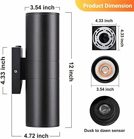 DAKAFUL Dusk to Dawn Outdoor Lighting Sensor Wall Lights 6 Packs, 12W 2700K Integrated LED Cylinder Up Down Lights Outdoor, IP65 Waterproof Aluminum Wall Sconce Exterior Wall Light for Porch Patio.