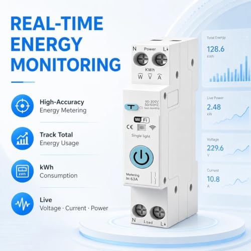 Smart WiFi Switch, AC90‑300V 63A, Leakage Protection Circuit Breaker | Tuya/Smart Life APP Remote Monitor, Voltage Power Energy, Timer Switch, Overload Over‑Current Over/Under‑Voltage Alarm