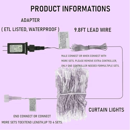 Dazzle Bright 300 LED Christmas Curtain String Lights, Halloween Fairy Lights for Bedroom with 8 Lighting Modes, Waterproof Window Light Party Wedding Garden Wall Decor, Purple