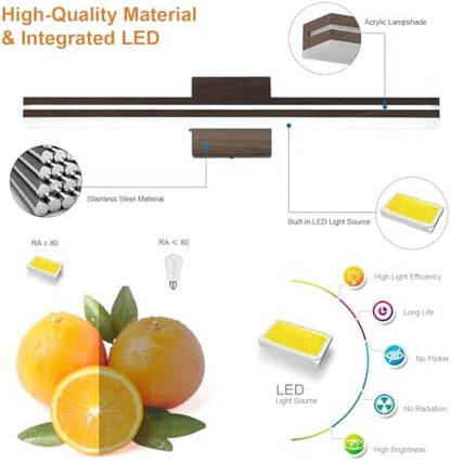 SineRise LED Modern Bathroom Vanity Light Fixtures (24-Inch, 3000K/4000K/6000K, Dimmable), Brown Wood Painted Modern Acrylic Bathroom Wall Lighting Fixtures Over Mirror