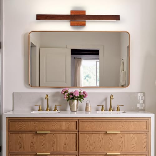 Modern Bathroom Light Fixtures Over Mirror, 24 Inch Brown Wood Finish Vanity Light Bar 20W Dimmable 5CCT LED Vanity Lights for Bathroom Wall Lighting Fixtures Over Mirror