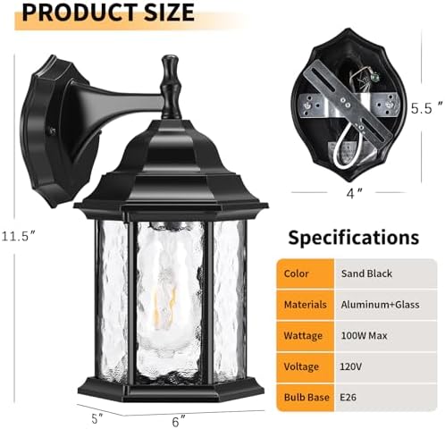 YSN Outdoor Wall Lights, Outdoor Light Fixtures Wall Mount, Black, 2 Packs