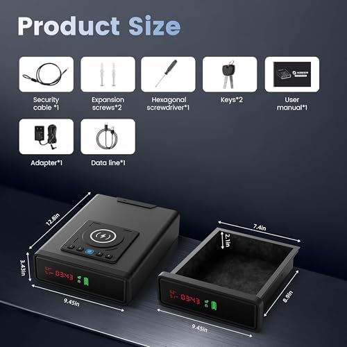 XDeer Biometric Gun Safe for Handgun with Wireless Charging, Quick Access Fingerprint Gun Safes, Bedside Pistol Case, 7/24 Digital Alarm Clock Small safe 1PCS