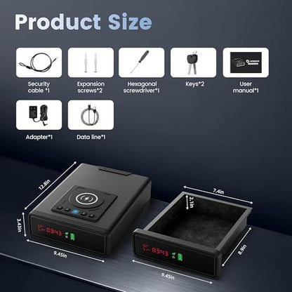 XDeer Biometric Gun Safe for Handgun with Wireless Charging, Quick Access Fingerprint Gun Safes, Bedside Pistol Case, 7/24 Digital Alarm Clock Small safe 1PCS