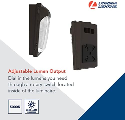 Lithonia Lighting 7.5" Mini LED Wall Pack Outdoor Light Fixture, Building Wall Light, Adjustable Lumens, 5000K Daylight, MVOLT 120-277V, IP65, Glass Lens, Bronze (TWX1 LED ALO 50K MVOLT DDBTXD)