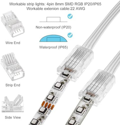 RGBZONE 10Pcs 8mm 4 Pin LED Strip Connectors and 32.8ft 4 Pin RGB Extension Cable Strip to Wire Quick Connection for Waterproof or Non-Waterproof 8mm Wide SMD RGB 5050 LED Strip Lights(IP20/IP65)
