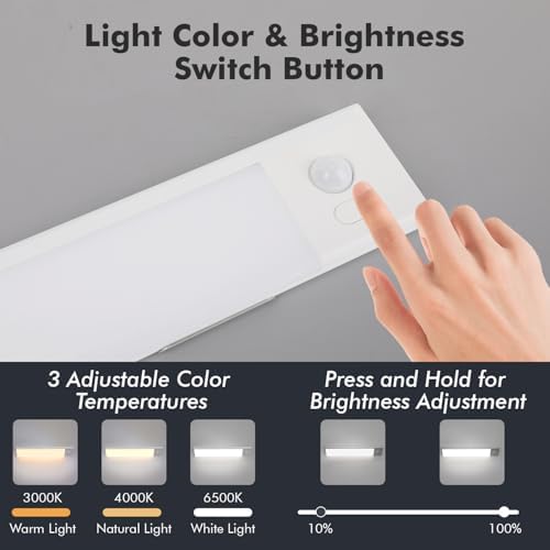2 Pack Under Cabinet Lighting, 3 Colors & Dimmable Motion Sensor Light Indoor, 900mAh Rechargeable Under Cabinet Lighting Magnetic for Kitchen, Stairs, Closets, White(ABS+PC)