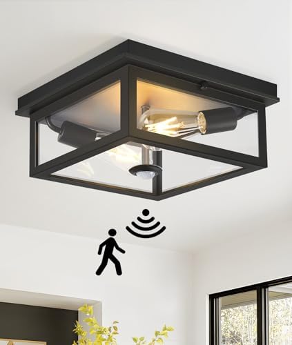 Motion Sensor Outdoor Ceiling Light with Remote, 12.2 Inch Black Flush Mount Porch Light Fixture with United Glass Cover, 5 Modes Outside Flush Mount Light for Porch, Garage, Patio, Entryway