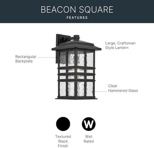 Kichler Beacon Square 17.25" 1-Light Outdoor Wall Light with Clear Hammered Glass in Textured Black, for Exterior Doors, Garage, Porch, or Patio (17.25" x 9.5"), 49831BKT