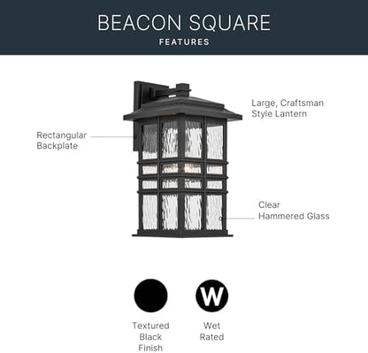 Kichler Beacon Square 17.25" 1-Light Outdoor Wall Light with Clear Hammered Glass in Textured Black, for Exterior Doors, Garage, Porch, or Patio (17.25" x 9.5"), 49831BKT