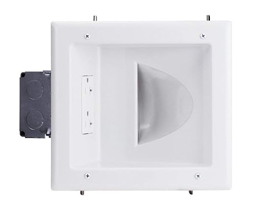 DATA COMM Electronics 45-0032-WH Commercial Grade Recessed AV/HDMI Cable Conceal Plate, 20 Amp Dual Power Receptacle, White – Low Profile, Large Cable Pass-Through, Secure Drywall Mounting