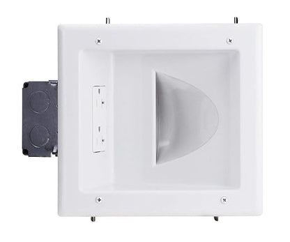 DATA COMM Electronics 45-0032-WH Commercial Grade Recessed AV/HDMI Cable Conceal Plate, 20 Amp Dual Power Receptacle, White – Low Profile, Large Cable Pass-Through, Secure Drywall Mounting
