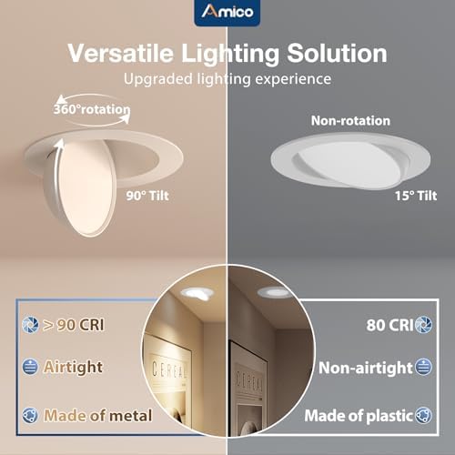 Amico 6 Pack 3 Inch 5CCT Gimbal LED Recessed Ceiling Light