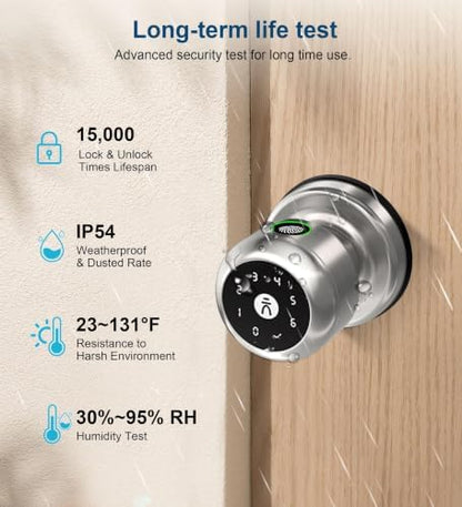 Smart Door Knob with Lock,Keyless Entry Fingerprint Door Lock,Bright Silver