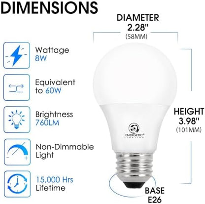 Energetic 60W Equivalent, A19 LED Light Bulb, 2700K Soft White, E26 Medium Base, Non-Dimmable LED Light Bulb, 8W 760lm, ETL Listed 6 Pack