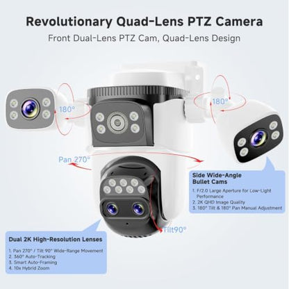 VSTARCAM 4-Lens Security Cameras Wireless Outdoor, 4-in-1 Multi-View 2K 360° PTZ Plug-in WiFi Camera, 10X Hybrid Zoom, AI Motion Tracking, Color Night Vision, IP66, 128GB Card Included