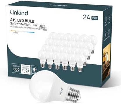 Linkind A19 LED Light Bulbs, 60 Watt Equivalent, 2700K Soft White 24 Packs