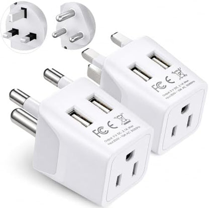 Ceptics South Africa Travel Plug Set - with 2 USB + USA Socket Input - Type M and Type G - Ultra Compact - Safe Grounded Perfect for Cell Phones, Laptops, Camera Chargers