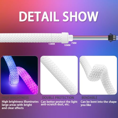 16.4FT WS2811 360 Degree Round Reticulate Neon LED Strip with Controller,RGB Nylon Flexible Dream Colorful Rope Light,Bedroom Indoor Outdoor Decoration,DC5V(No Adapter)