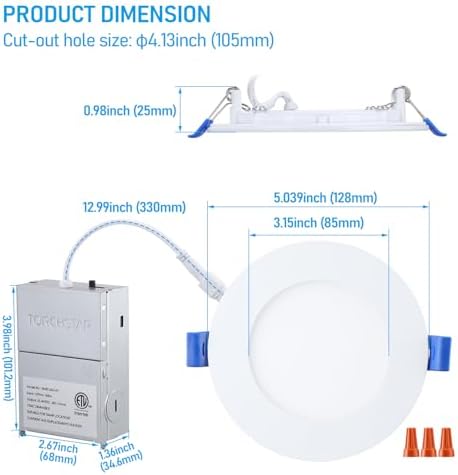 TORCHSTAR 12-Pack 5CCT 4 Inch Ultra-Thin LED Recessed Light, CRI90 9W
