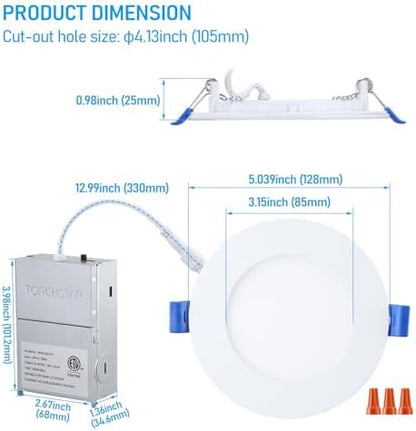 TORCHSTAR 12-Pack 5CCT 4 Inch Ultra-Thin LED Recessed Light, CRI90 9W