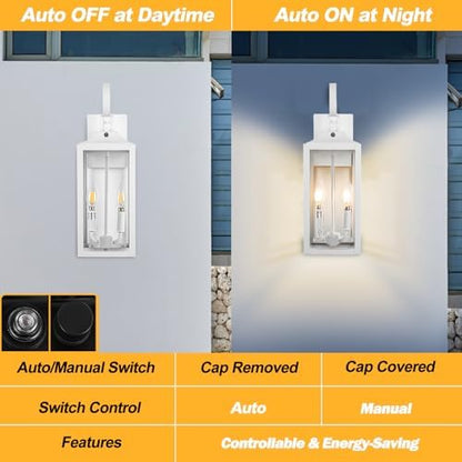 19" White Dusk to Dawn Outdoor Wall Lantern 2-Light, Farmhouse Porch Lights